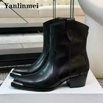 Роскошные замшевые кожаные ковбойские сапоги в западном стиле, женские туфли Челси без шнуровки с острым металлическим носком, женские ботильоны на квадратном каблуке для женщин