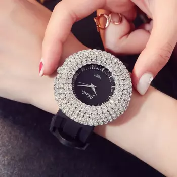 Роскошные женские часы светильник, круглые женские наручные часы с черным циферблатом и большим бриллиантом, женские часы с силиконовым ремешком