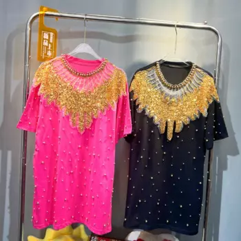 Роскошные женские футболки с золотыми блестками и бусинами, новинка 2024, летний Свободный пуловер средней длины, блестящий топ с круглым вырезом и коротким рукавом, футболки, платья