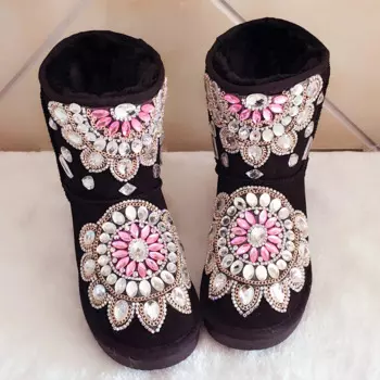 Роскошные зимние теплые ботинки с круглым носком и цветами из коровьей замши