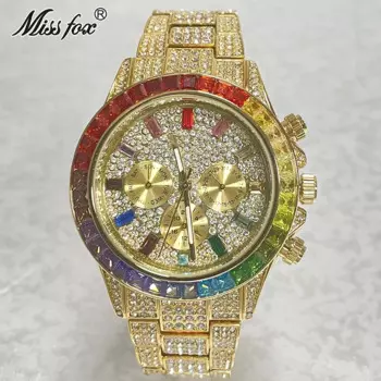Роскошные золотые мужские часы модные хип-хоп MISSFOX со сверкающими бриллиантами из нержавеющей стали водонепроницаемые кварцевые наручные часы AAA для мужчин Бесплатная доставка