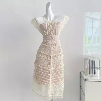 Роскошный дизайн абрикосовое Женское Платье облегающее кружевное летнее праздничное платье с цветочной вышивкой вечернее элегантное платье с круглым вырезом