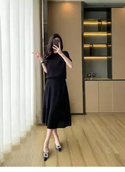 Роскошный и элегантный маленький очаровательный стильный вязаный комплект, новинка, летний женский повседневный костюм из двух предметов: футболка с круглым вырезом и коротким рукавом + юбка