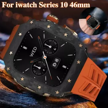 Роскошный комплект модов для Apple Watch Series 10, 46 мм, чехол из настоящего углеродного волокна, фторкаучуковый ремешок для умных часов, ремешок для apple watch 10, ремешок