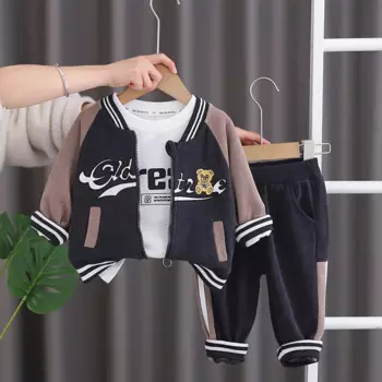 Роскошный комплект одежды для маленьких мальчиков весна 2024 корейский Повседневный мультяшный Кардиган куртка + футболка + штаны детский спортивный костюм для девочек и мальчиков