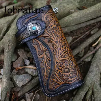 Роскошный кошелек Johnature из натуральной кожи ручной работы, новинка 2024, винтажные длинные кошельки с цветочным застежкой для мужчин и женщин, держатель для карт