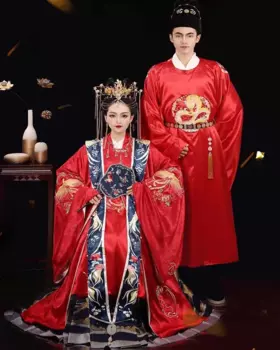 Роскошный костюм ханьфу для мужчин и женщин, традиционные китайские свадебные красные платья для пар, костюм ханьфу с вышивкой, карнавальный костюм больших размеров
