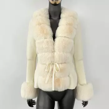 Роскошный меховой кардиган 2024, вязаный зимний свитер, женский кардиган с поясом из искусственного меха, белый, розовый, черный, женский кардиган в Корейском стиле