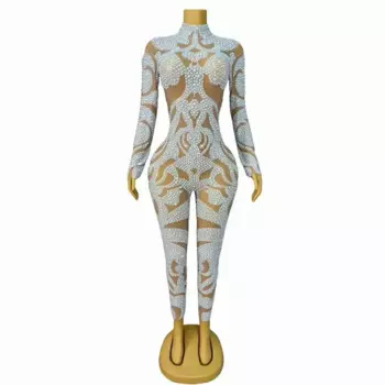 Роскошный женский шикарный комбинезон с белыми жемчужинами и стразами, облегающий женский сплошной комбинезон для выпускного вечера, сексуальные женские брюки, костюм для сцены