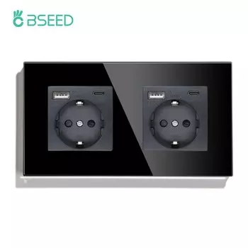Розетки BSEED черные тройные стеклянные с защитой от детей 16А