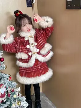 Рождественская клетчатая куртка + сарафан, комплект детской зимней одежды из 2 предметов, Новогодняя одежда для маленьких девочек, детский элегантный костюм в клетку, Outf