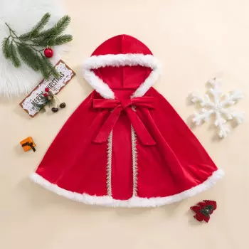Рождественская красная бархатная накидка для девочек контрастные цвета пушистая отделка капюшон накидка косплей костюм детская одежда