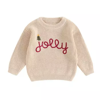 Рождественские свитеры для малышей с вышивкой буквами, вязаный пуловер в рубчик с длинным рукавом и круглым вырезом