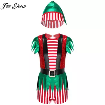 Рождественский костюм эльфа Санта-Клауса для девочек-подростков, костюм для косплея, стрейчевый комбинезон с блестками и шапкой, Рождественская темативечерние НКА, наряд для ролевых игр на Хэллоуин
