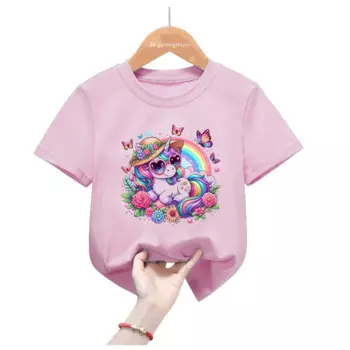Розовая футболка с радужным принтом единорога для девочек, кавайная детская одежда в стиле Харадзюку, летняя футболка с коротким рукавом