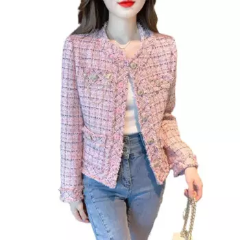 Розовая клетчатая твидовая куртка, осенне-зимнее шерстяное пальто, новая классическая шерстяная куртка, женская новая куртка