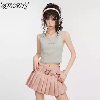 Розовая Кожаная мини-юбка RORORIRI с поясом, Женская юбка трапециевидной формы с высокой талией, облегающая юбка, Повседневная летняя одежда
