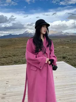 Розово-розовое темпераментное шерстяное пальто женское осенне-зимнее новое стильное свободное пальто выше колена высокого класса средней длины шерстяное пальто P88