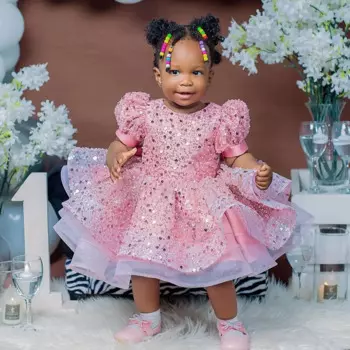 Розовое платье для девочек с блестками и цветами, детское платье с коротким рукавом и блестящими оборками для дня рождения, наряды для девочек