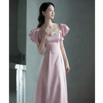 Розовое вечернее платье во французском стиле, милое платье принцессы с квадратным вырезом и пышными рукавами, длинное роскошное атласное платье Quinceanera