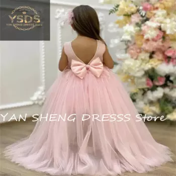 Розовые Детские платья принцессы с цветами для девочек, бальное платье из тюля с бантом из бисера для свадебной вечеринки, дня рождения, Пышное Платье с перьями