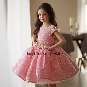 Розовые платья для девочек с цветами для свадьбы, лето 2023, платье для свадебной вечеринки с блестками, пышные платья с коротким рукавом, Новинка