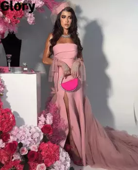 Розовые Роскошные вечерние платья без бретелек для выпускного вечера 2023, перчатки с Боковым Разрезом и бусинами русалки, женское свадебное платье