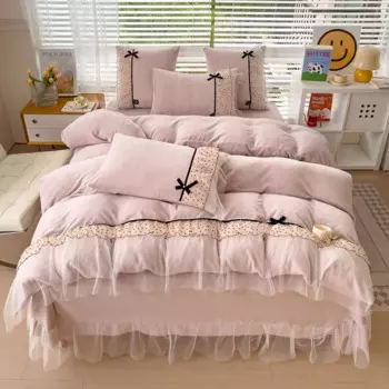 Розовый бархатный флисовый комплект постельного белья в Корейском стиле принцессы с кружевами и оборками, мягкий комплект пододеяльника, теплое одеяло, покрывало, простыня, наволочка