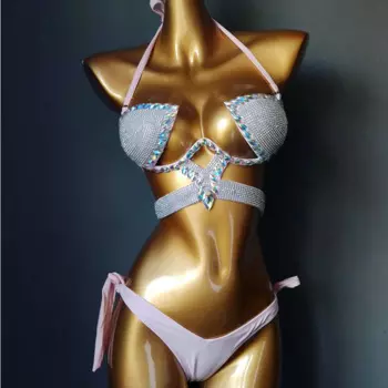 Розовый комплект бикини, Женский карнавальный бюстгальтер со стразами, женский сексуальный комплект бикини для ночного клуба, ярко-голубого цвета, костюм горящего мужчины