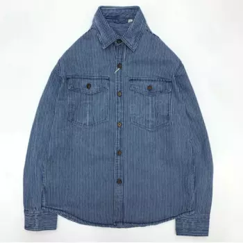 Рубашка Amikaki Мужская в полоску, тяжелая стирка, в стиле ретро, рабочая одежда в американском стиле, саржевая хлопковая джинсовая рубашка с длинным рукавом, куртка
