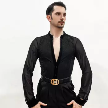 Рубашка для латинских танцев, мужской стандартный сценический костюм для бальных танцев, румба, тренировочный наряд для латинских танцев, топы с v-образным вырезом, черная рубашка с длинными рукавами 1975