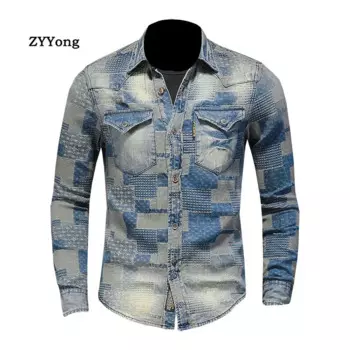 Рубашка джинсовая, из 2021 хлопка, с отложным воротником и длинным рукавом, в клетку, голубого цвета, для повседневной носки, джинсовые рубашки мужские, для весны, 100%