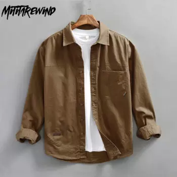 Рубашка-карго Мужская в американском ретро стиле, повседневная рабочая одежда, Свободный Топ из чистого хлопка, модная сорочка с длинным рукавом, весна-осень