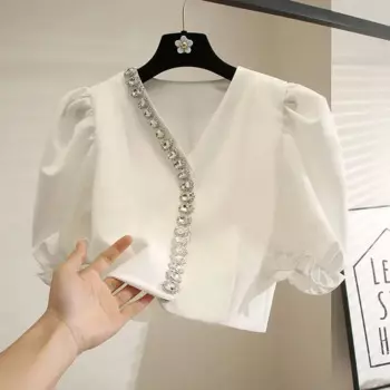 Рубашка Matakawa женская с буффами на рукавах, однотонная винтажная Элегантная короткая милая блузка с V-образным вырезом, лето