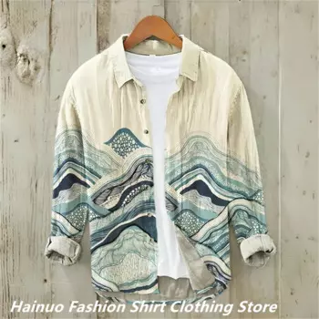 Рубашка Мужская льняная с длинным рукавом и принтом