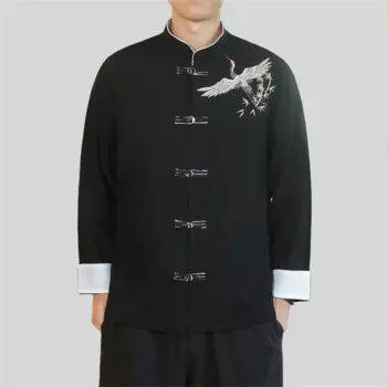 Рубашка Мужская льняная с длинным рукавом, повседневная сорочка из хлопка с вышивкой журавлей, костюм Тан в ретро стиле, большие размеры 5XL