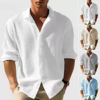 Рубашка мужская однотонная с Вафельной текстурой, Повседневный Кардиган с отложным воротником, осень