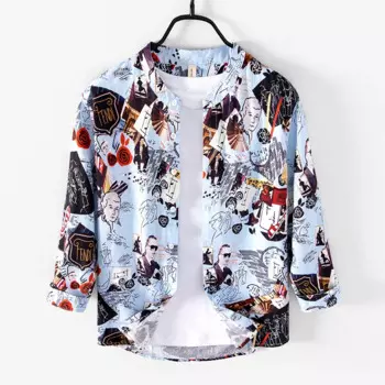 Рубашка мужская с длинным рукавом, Повседневная блуза с воротником-стойкой и принтом, брендовая Удобная сорочка, синий цвет