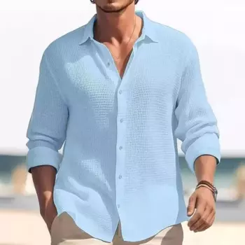 Рубашка мужская с длинным рукавом, рубашка с воротником с вафельным воротником