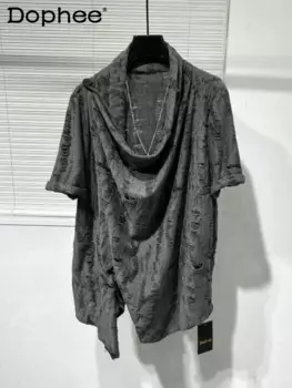 Рубашка мужская с дырками, Модная тонкая свободная Удобная рубашка в стиле ретро, необычная однотонная сорочка с рукавом до локтя, лето 2024