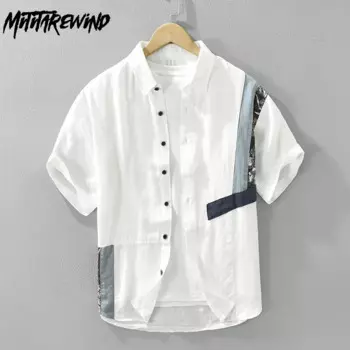 Рубашка мужская с коротким рукавом, из льна, в японском стиле