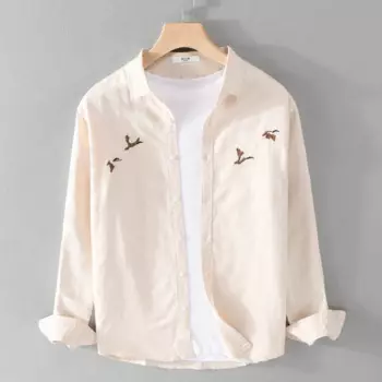 Рубашка мужская с вышивкой, дизайнерская Повседневная брендовая сорочка из хлопка и льна, с длинным рукавом