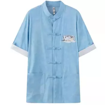 Рубашка мужская с вышивкой лотоса, удобная дышащая повседневная сорочка с коротким рукавом, костюм Тан, лето