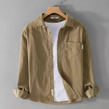 Рубашка мужская Вельветовая с длинным рукавом, Повседневная Свободная универсальная сорочка в полоску, весна-осень