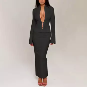 Рубашка на бретельках, Топ с длинным рукавом, пикантная юбка с высокой талией и разрезом, Модный повседневный популярный женский костюм в стиле девушки