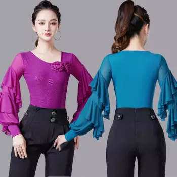 Рубашка с длинными рукавами и блестками, топ для латинских танцев, женская одежда, национальный стандарт, чача, румба, танго, современные танцевальные костюмы DQL9593