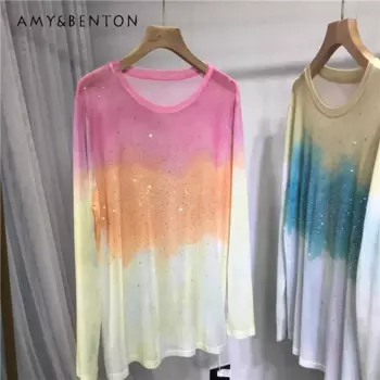 Рубашка с защитой от солнца с тяжелой вышивкой и алмазными сверлами, женская легкая дышащая сетчатая крутая футболка с длинными рукавами градиентного цвета