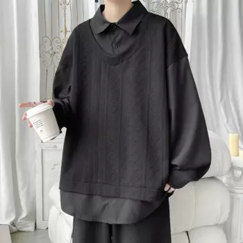 Рубашка в британском стиле с имитацией двух частей, мужской свитер в стиле пэчворк, Осенний универсальный свободный дизайнерский Универсальный свитер для полных людей с рисунком осени