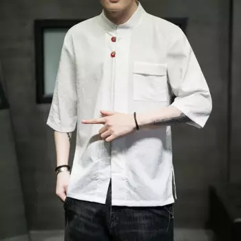 Рубашка в китайском стиле из хлопка и льна с коротким рукавом, Женский однотонный костюм Тан, мужской костюм кунг-фу Тай Чи, топы большого размера, лето