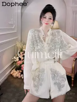 Рубашка женская с длинным рукавом, тяжелая промышленная кружевная с бусинами и аппликацией, шорты с широкими штанинами и высокой талией, модный костюм на работу, весна-лето